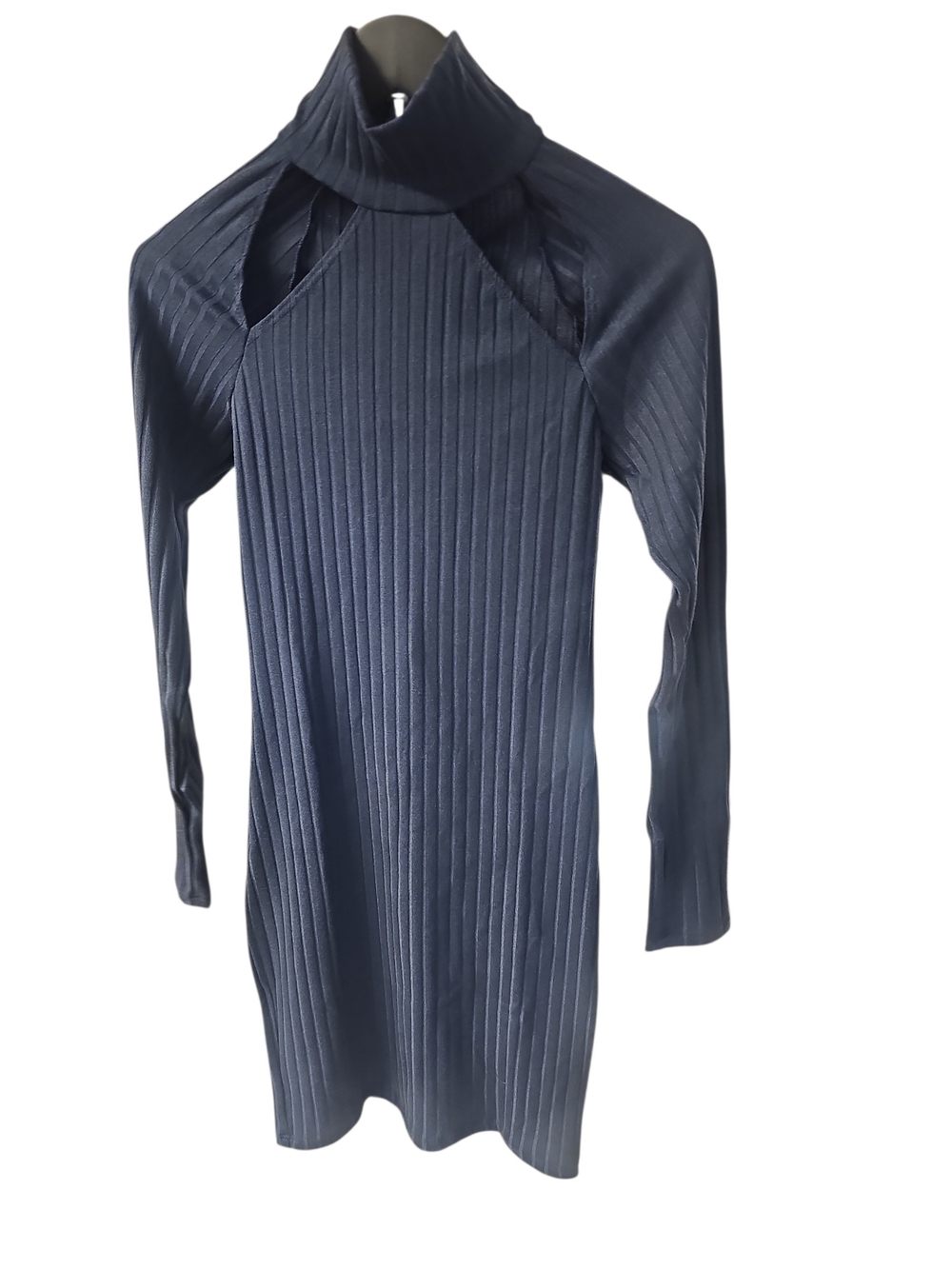 Made With Love Ribbed Long Sleeve Mock Neck Cutout Dress in Navy
